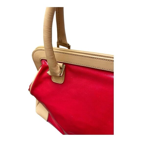 Trina Turk Red Tan Leather Canvas Tote Bag Top Preppy Casual Classic - Picture 12 of 16